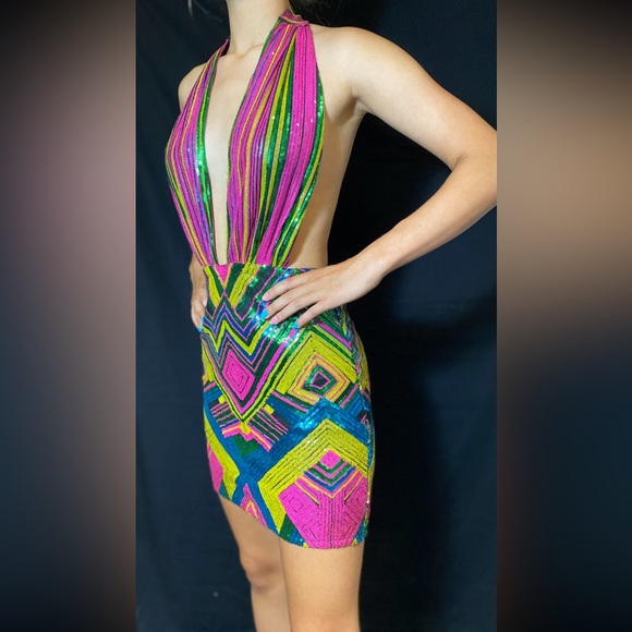 Fashion nova dress, mini multicoloured sequin party cocktail dress - Picture 9 of 16